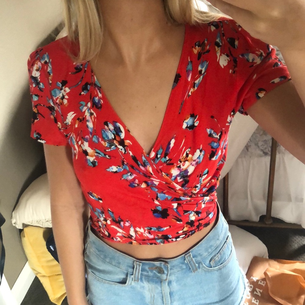 Red floral tie top